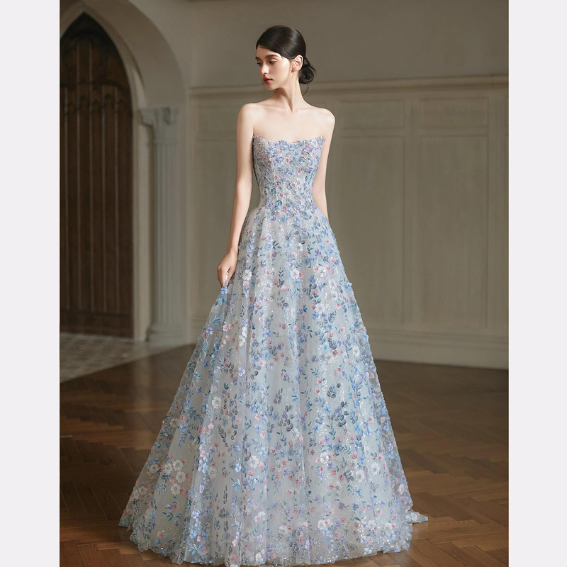 Alice High-End Art Exam Host Niche Style Strapless Engagement Toast Dress Annual Meeting Banquet Blue Evening Dress