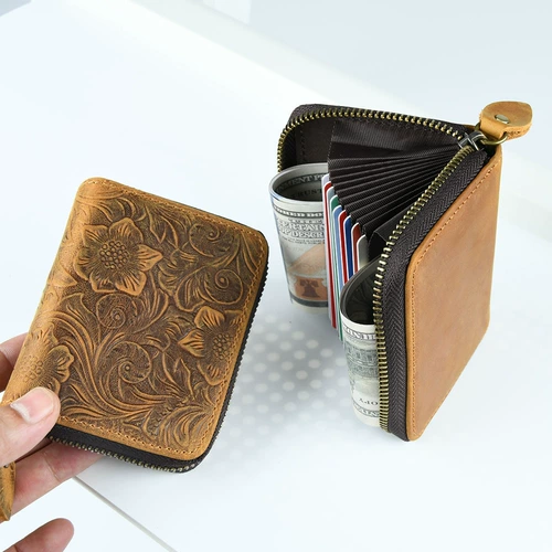 Ретро кожаный бумажник с молнией, вместительный и большой орган, картхолдер, из натуральной кожи