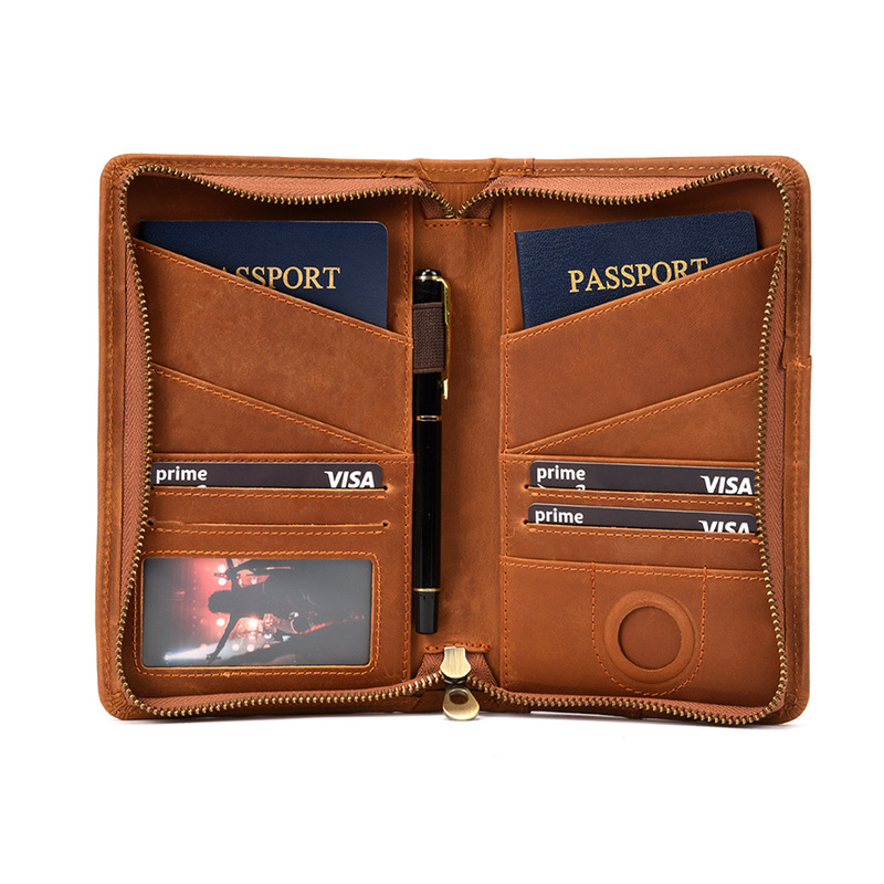 Vintage Passport Holder Clutch Long Wallet Multifunctional Crazy Horse Leather Zipper Passport Case Tracker Card Holder Genuine Leather