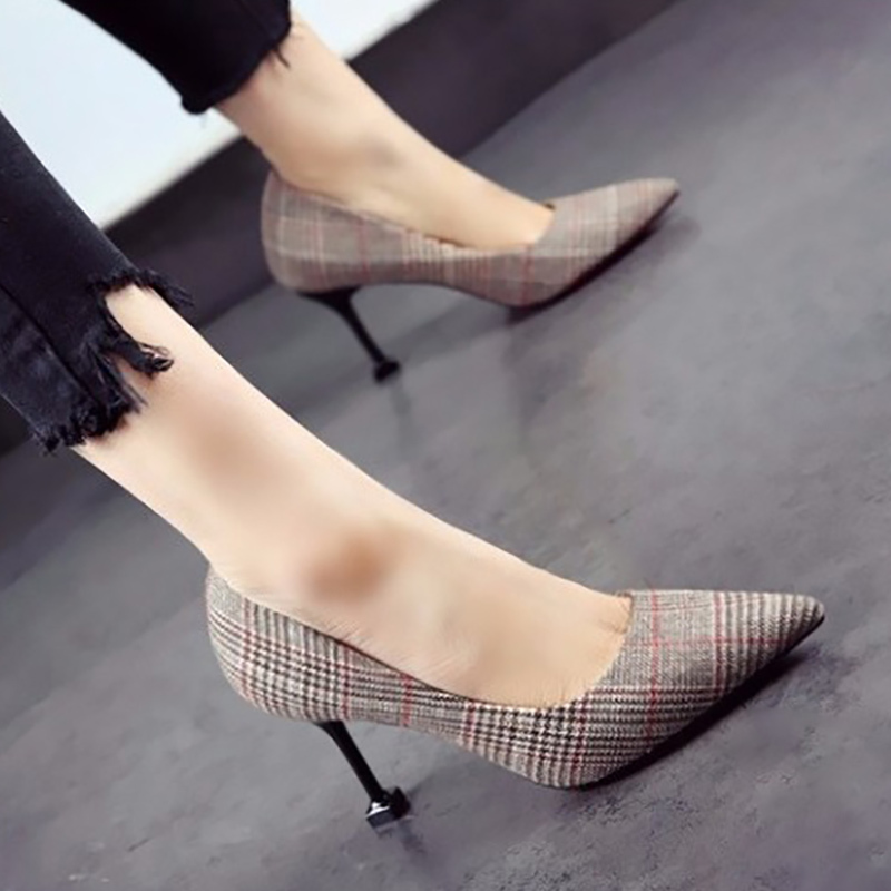 Women's Single Shoes 2019 Spring Style Wine Glass Heel High Heels Stiletto Girl Plaid High Heels Versatile 5cm Mid-Heel Kitten Heel