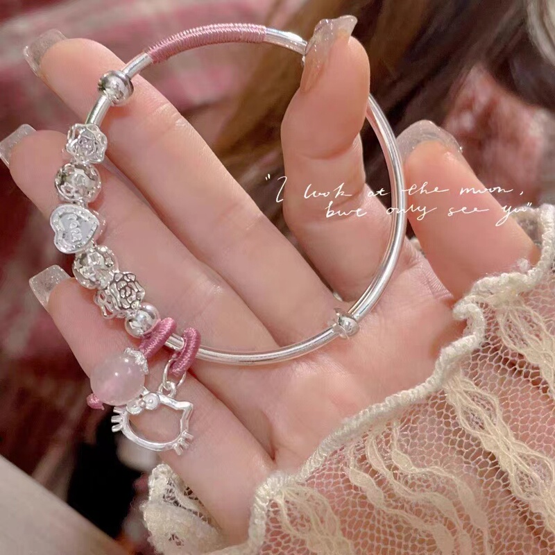 Sterling Silver 9999Kt Cat Bow Sliding Bracelet Pure Silver Heart Bead Bracelet Gift for Girlfriend or Best Friend's Birthday Sterling Silver 9999Kt Cat Bow Sliding Bracelet Pure Silver Heart Bead Bracelet Gift for Girlfriend or Best Friend's Birthday