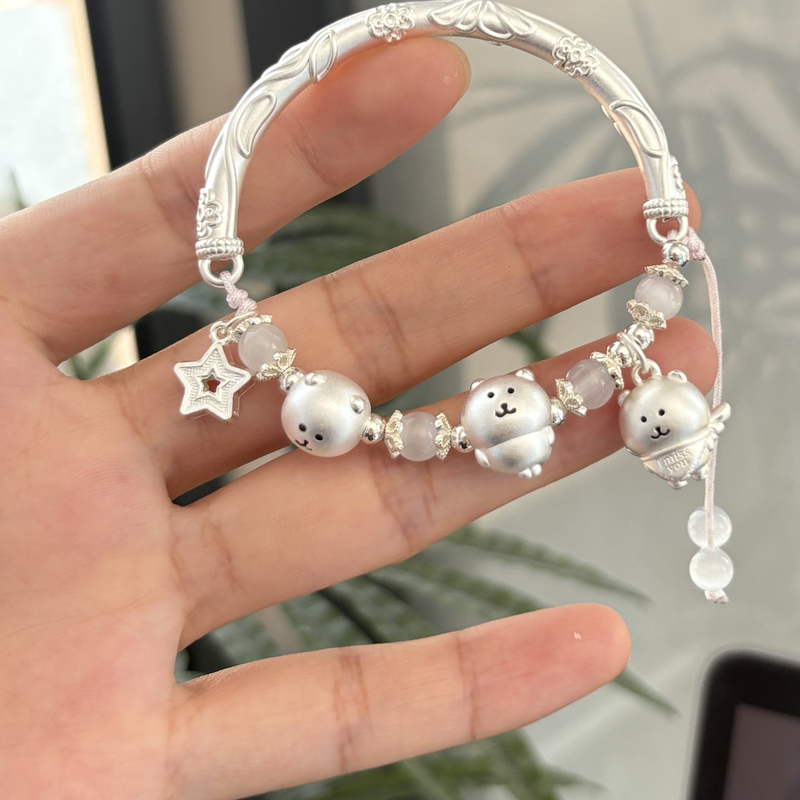 999 Pure Silver Self-Deprecating Bear Half Bracelet Sterling Silver Bracelet Wishing Star Adjustable My Melody Bracelet Gift for Girls