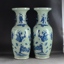 Mid-Qing Dynasty hand-painted blue and white open piece Eight Immortals double ear pattern bean green glaze large vase antique antique folk old goods collection