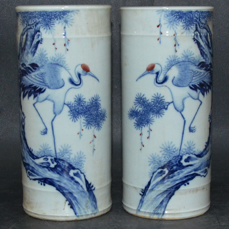 Antique antique collection of old factory Jingde Town ceramics hand - painted blue crane pen - cylinder shaft wire