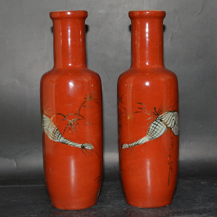 Ancient Playing Antique Collection Jingdezhen Factory Goods Antique Porcelain Hand-painted Sand Red Sketch Stick Bottle Pendulum 1 pair
