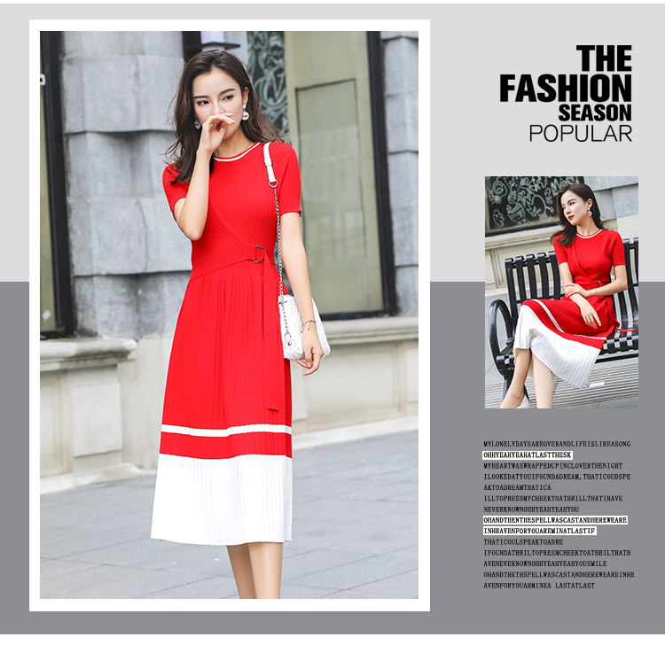 VK旗艦店 韓國風名媛拼色短袖收腰百褶針織短袖洋裝