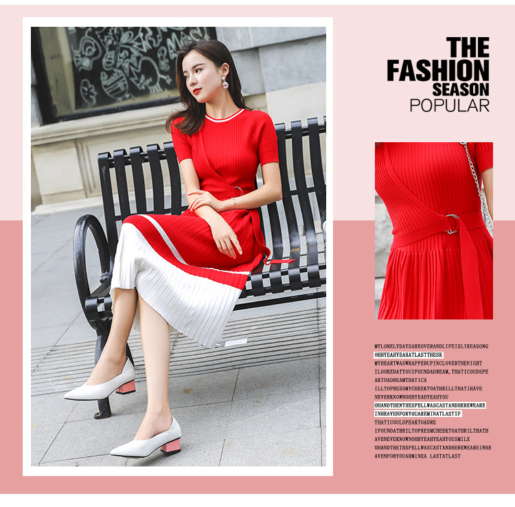 VK旗艦店 韓國風名媛拼色短袖收腰百褶針織短袖洋裝