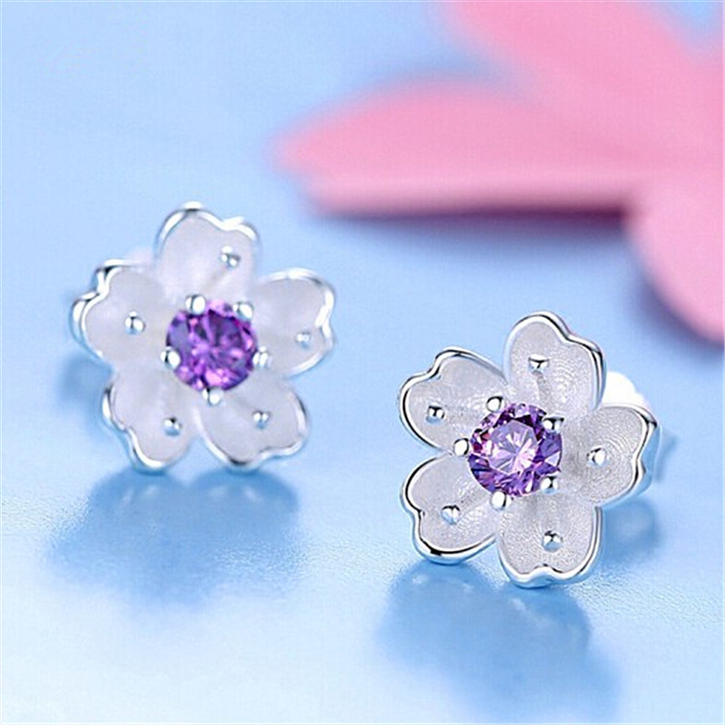 Korean version Fashion earthen Rotten Cherry Blossom Small Fresh Temperament Ear Pin Hand Insert Zircon Stone Anti Allergy Ear Pendant Woman