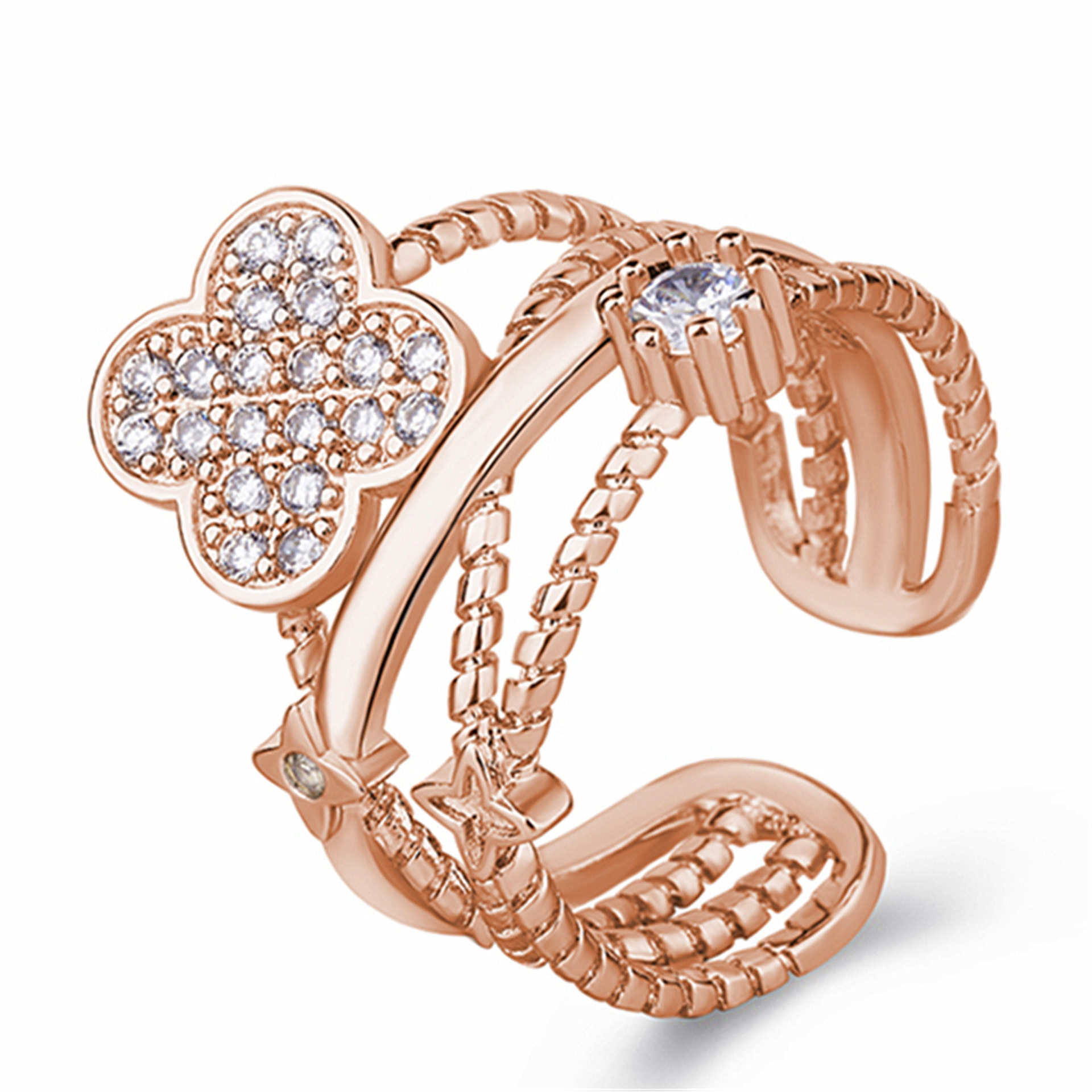 Korean version of the diamond-encrusted plant grass ring female European and American style rose gold ring live mouth adjustable tail ring