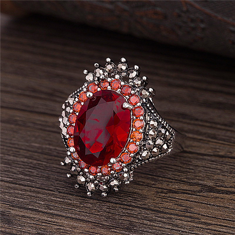 wish hot selling silver jewelry retro Thai silver big gemstone ring ladies red pomegranate jewelry exaggerated black mine ring female