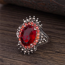 wish hot selling silver jewelry retro Thai Silver big treasure stone ring lady red pomegranate jewelry exaggerated black mine ring female