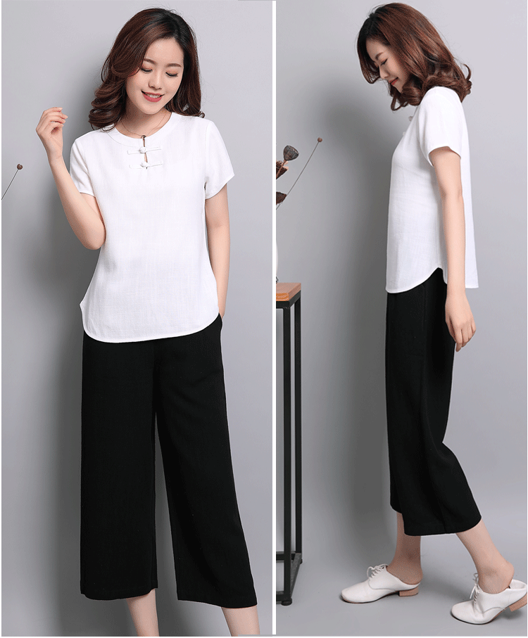 Áo cotton và vải lanh cho nữ Áo ngắn tay mùa hè của mẹ mới Áo phông đơn giản có khóa rộng - Áo phông áo phông đôi cho bạn thân nữ
