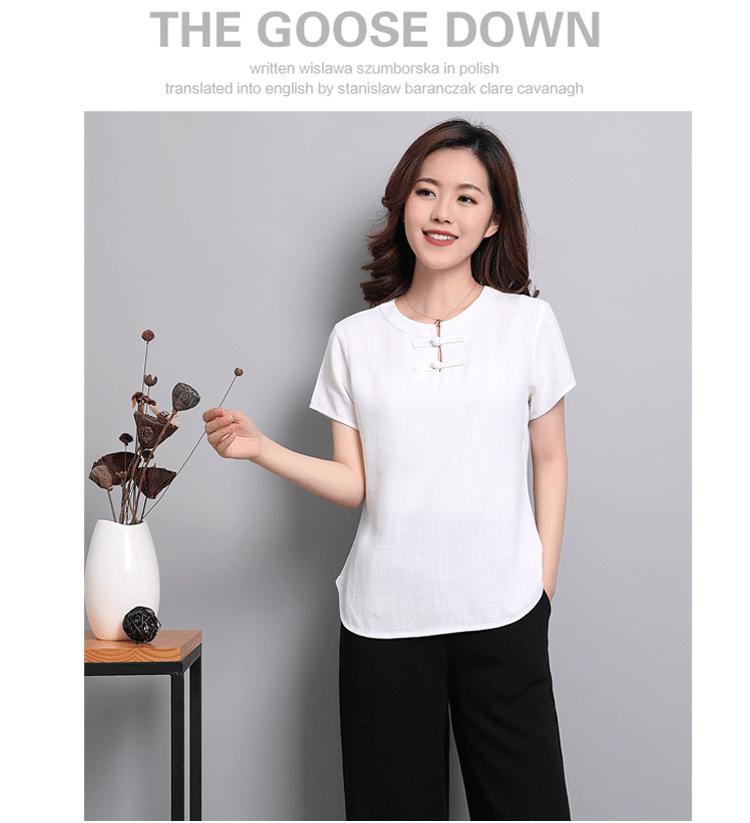 Áo cotton và vải lanh cho nữ Áo ngắn tay mùa hè của mẹ mới Áo phông đơn giản có khóa rộng - Áo phông áo phông đôi cho bạn thân nữ