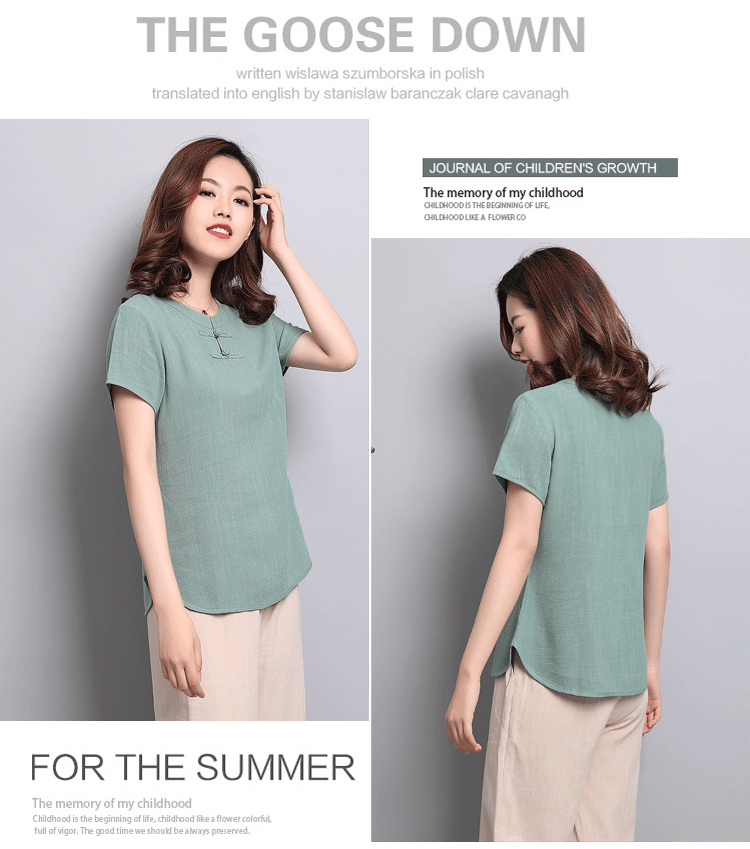 Áo cotton và vải lanh cho nữ Áo ngắn tay mùa hè của mẹ mới Áo phông đơn giản có khóa rộng - Áo phông áo phông đôi cho bạn thân nữ
