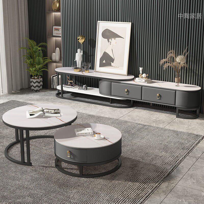 Light luxury steel frame glass TV cabinet coffee table combination simple modern home living room storage small apartment retractable floor cabinet