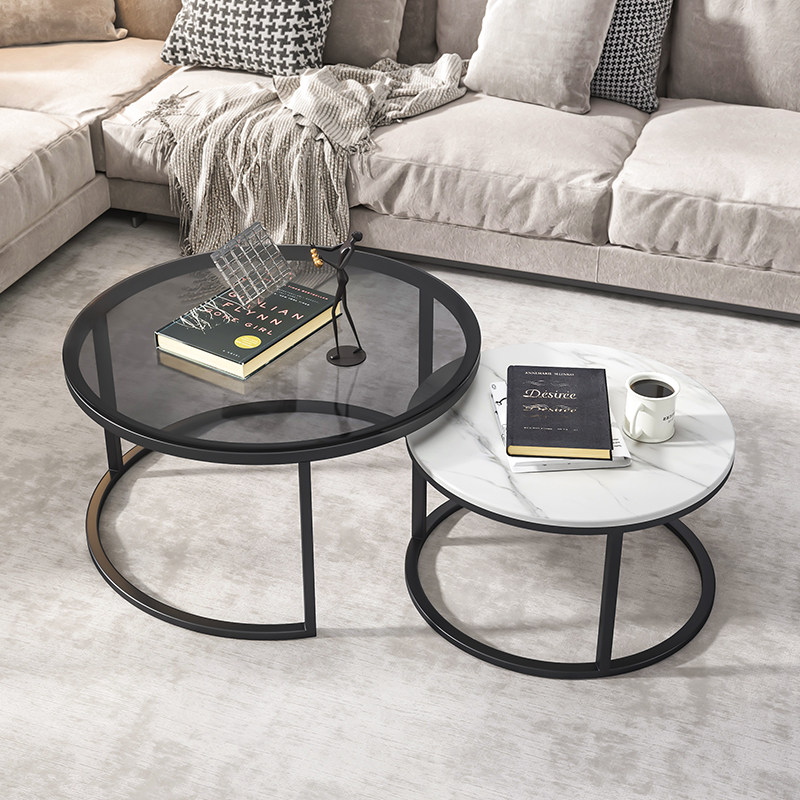 Modern generation minimalist glass tea table round combination steel frame slate gray apartment telescopic stainless steel small tea table