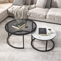 Modern generation minimalist glass coffee table round combination steel frame rock plate gray apartment retractable stainless steel small tea table