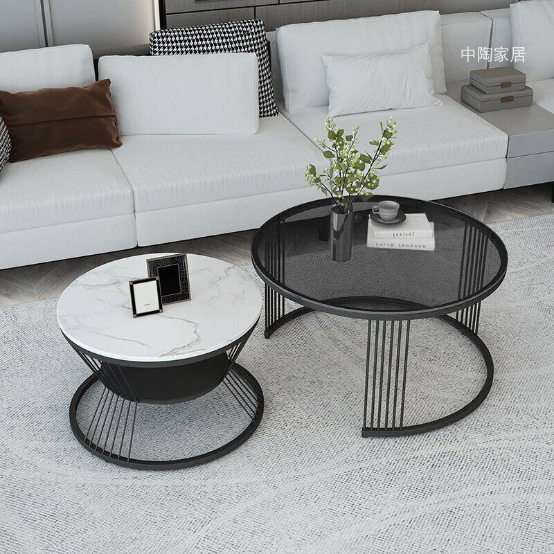Net red rock plate round coffee table modern steel frame combination light luxury living room home hotel telescopic minimalist style small coffee table