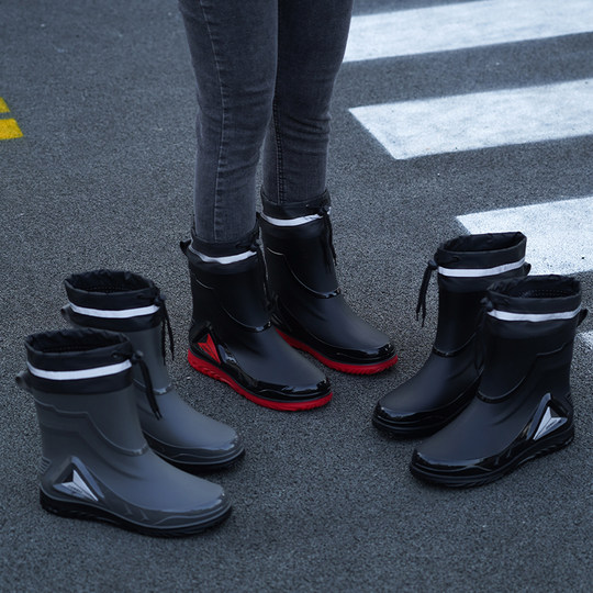 雨鞋男款防水束口钓鱼轻便水鞋绒套保暖防滑胶鞋平底外卖骑手雨靴