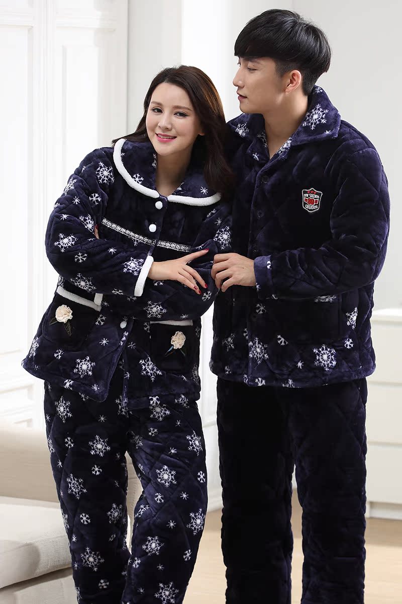 Bộ đồ ngủ dày ba lớp dày đôi phù hợp với nam và nữ cộng với quần áo cotton ấm áp tại nhà quần nhung dài tay áo ngủ cotton đồ bộ pijama