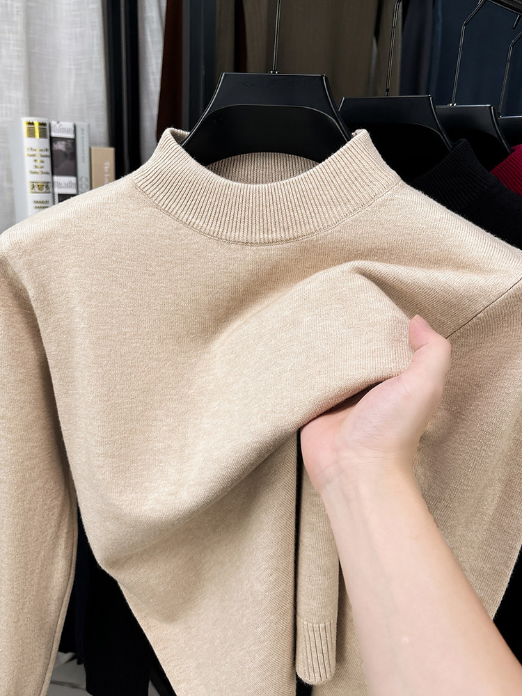 Men's Wool Sweater for Autumn and Winter, Thickened Base Layer Knitwear, Half-High Round Neck, Solid Color, Loose-Fitting Sweater for Men