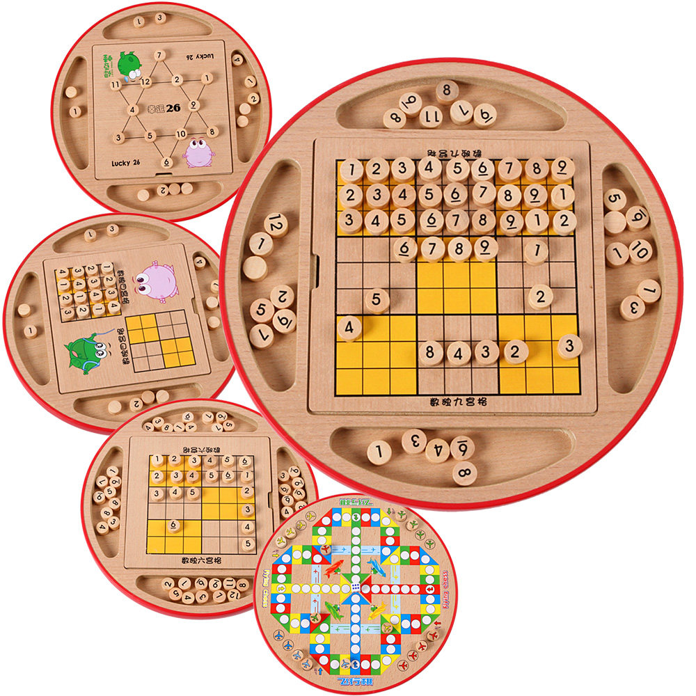 Multifunctional chess Sudoku game chess children's puzzle nine-square crossword wooden board game five-in-one chess toy