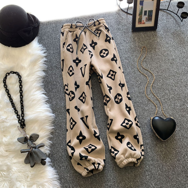 Sports pants women's loose beamed feet autumn and spring new large size carrot pants thickened harem pants printed casual pants