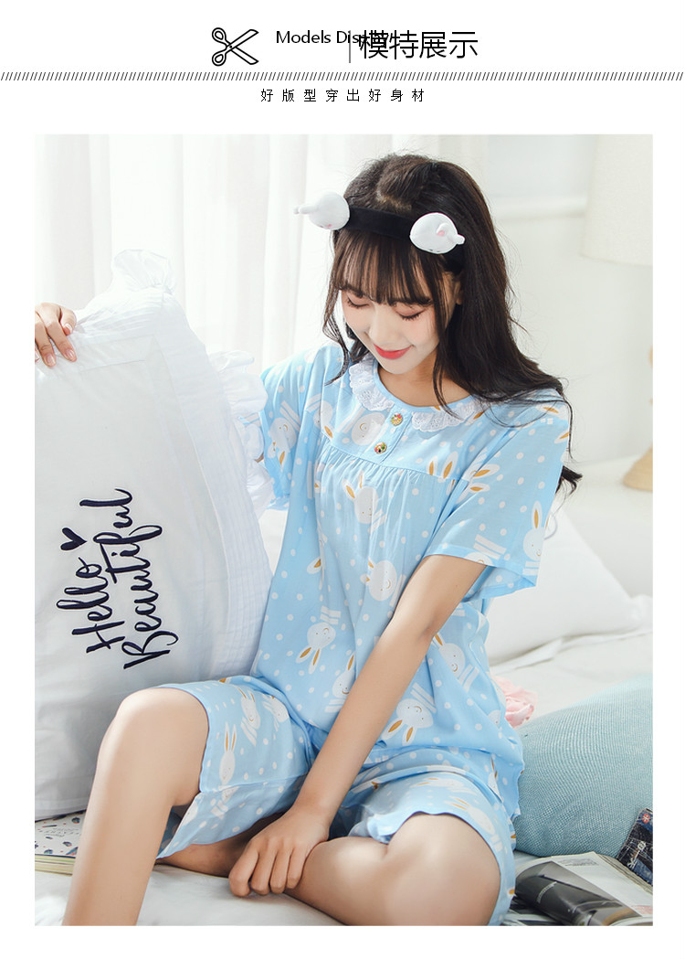 Mùa hè cotton ngắn tay kích thước lớn cotton lụa đồ ngủ cotton lụa ladies phù hợp với dễ thương giản dị nhân tạo cotton dịch vụ nhà