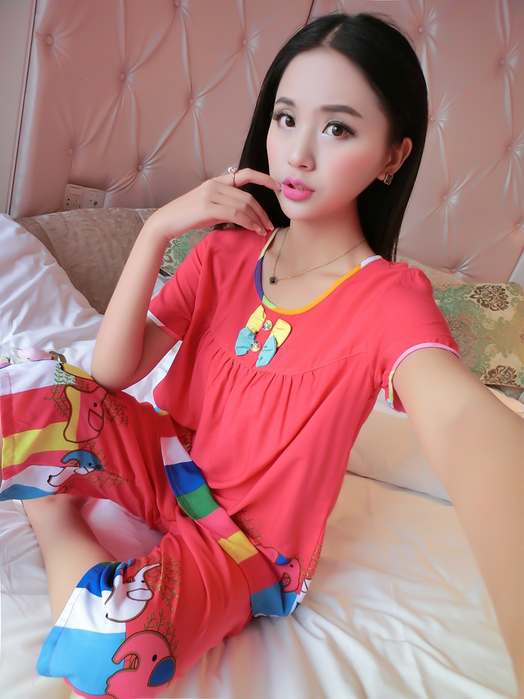 Mùa hè cotton ngắn tay kích thước lớn cotton lụa đồ ngủ cotton lụa ladies phù hợp với dễ thương giản dị nhân tạo cotton dịch vụ nhà