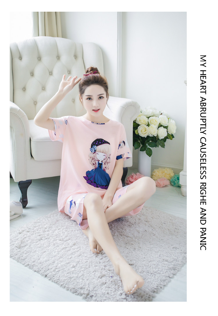 Mùa hè cotton ngắn tay kích thước lớn cotton lụa đồ ngủ cotton lụa ladies phù hợp với dễ thương giản dị nhân tạo cotton dịch vụ nhà