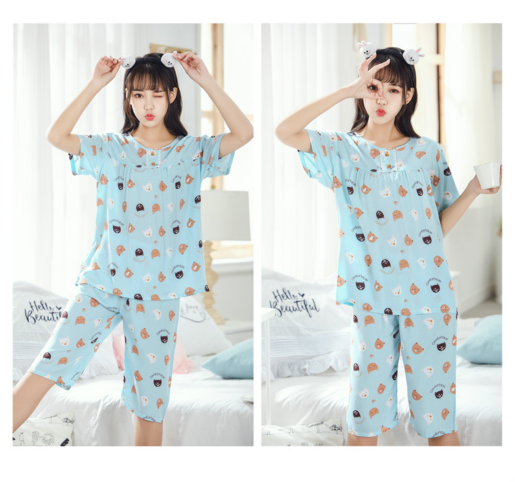 Mùa hè cotton ngắn tay kích thước lớn cotton lụa đồ ngủ cotton lụa ladies phù hợp với dễ thương giản dị nhân tạo cotton dịch vụ nhà