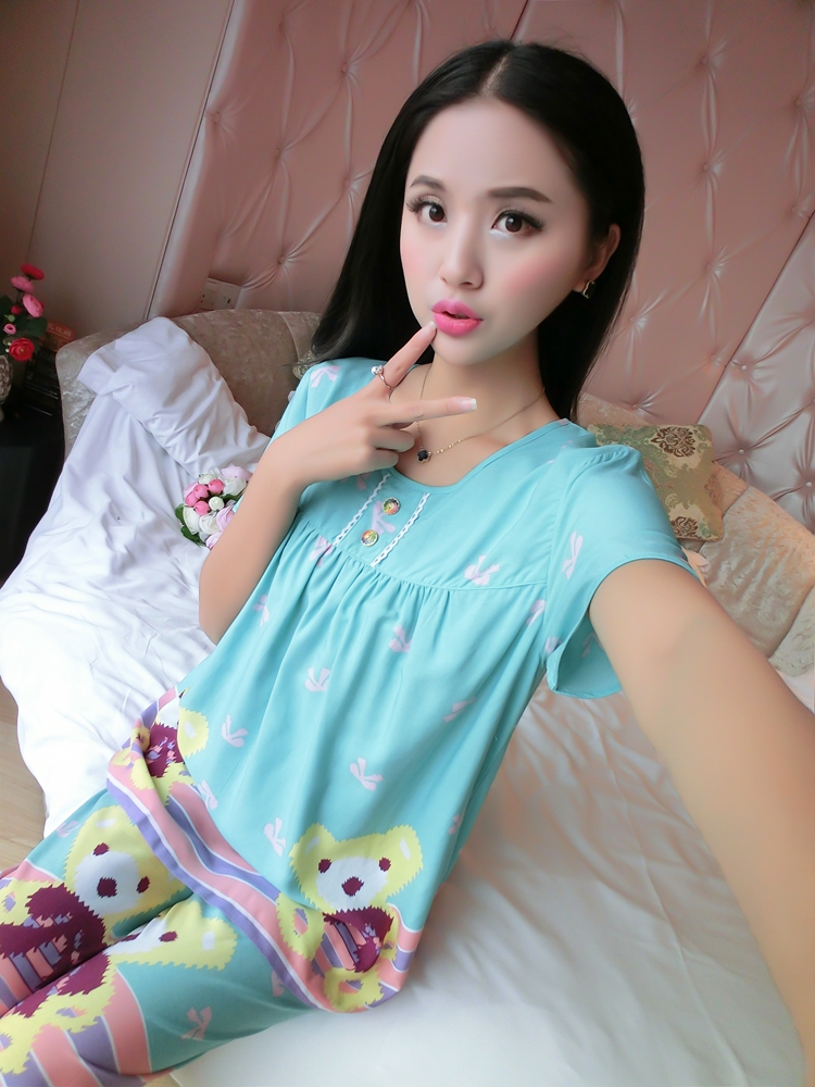 Mùa hè cotton ngắn tay kích thước lớn cotton lụa đồ ngủ cotton lụa ladies phù hợp với dễ thương giản dị nhân tạo cotton dịch vụ nhà