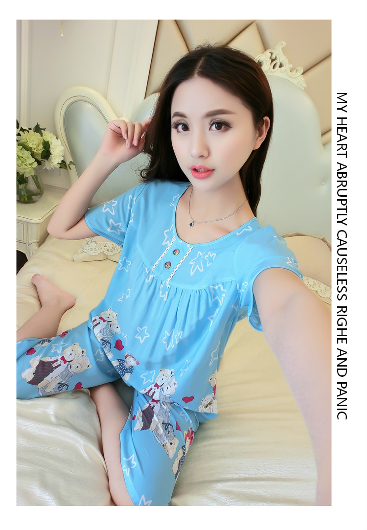 Mùa hè cotton ngắn tay kích thước lớn cotton lụa đồ ngủ cotton lụa ladies phù hợp với dễ thương giản dị nhân tạo cotton dịch vụ nhà