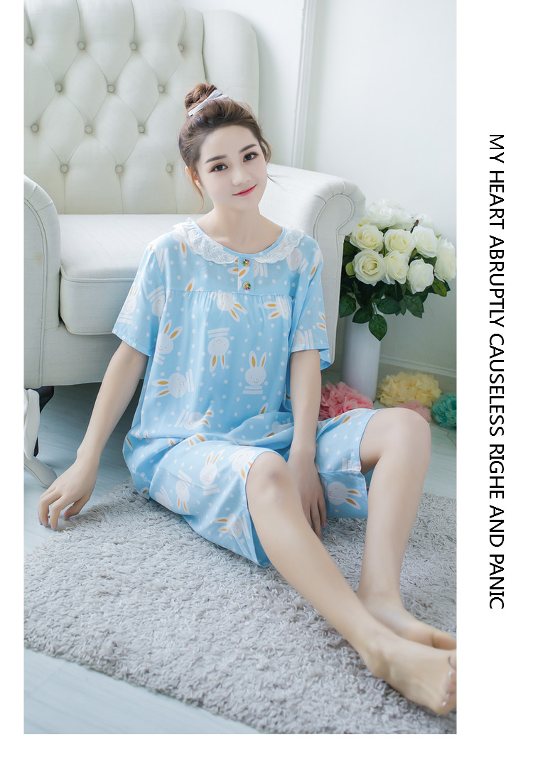 Mùa hè cotton ngắn tay kích thước lớn cotton lụa đồ ngủ cotton lụa ladies phù hợp với dễ thương giản dị nhân tạo cotton dịch vụ nhà