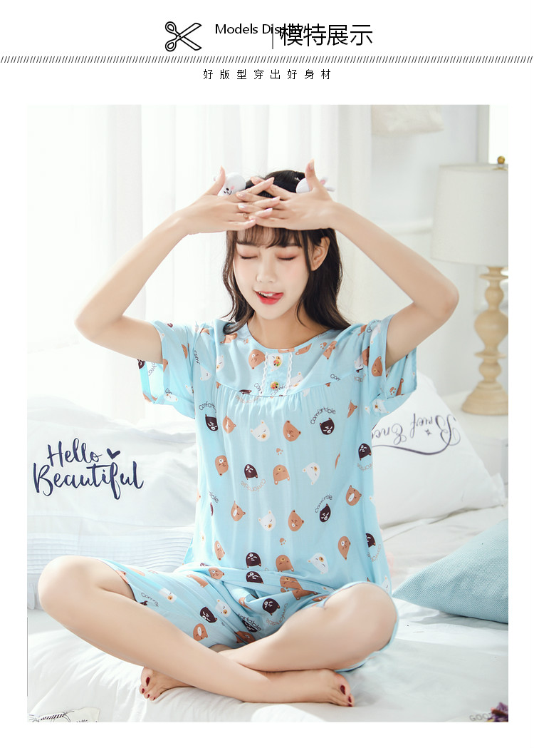 Mùa hè cotton ngắn tay kích thước lớn cotton lụa đồ ngủ cotton lụa ladies phù hợp với dễ thương giản dị nhân tạo cotton dịch vụ nhà