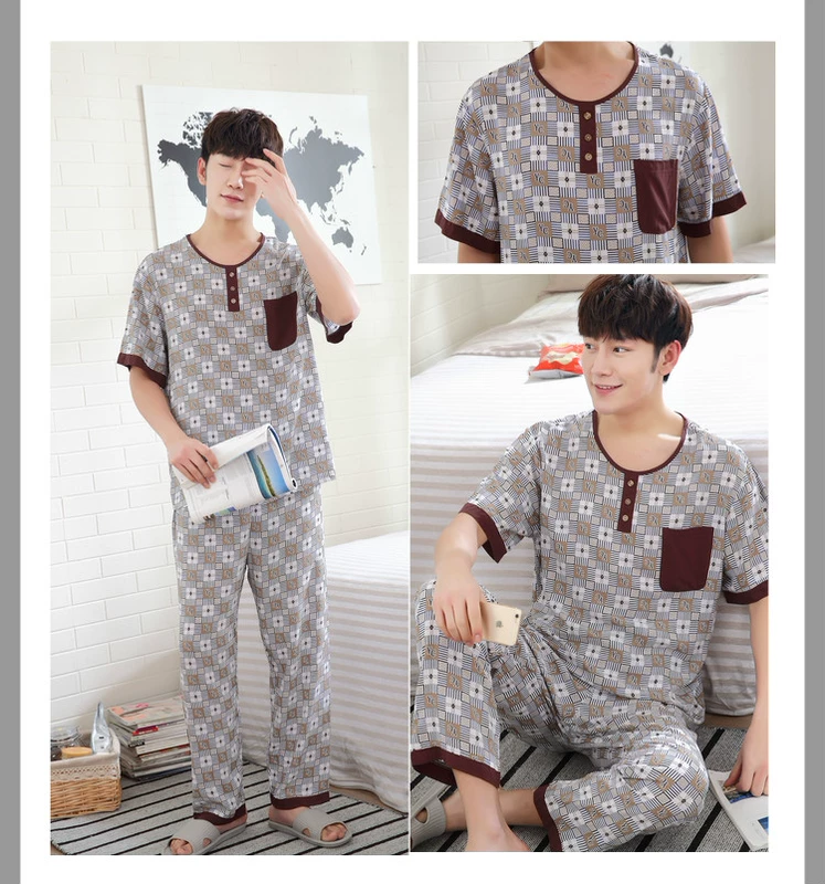 Mùa hè cotton nhân tạo bông đồ ngủ nam nhà dịch vụ cotton lụa trung niên đồ ngủ XL cộng với chất béo dày người đàn ông