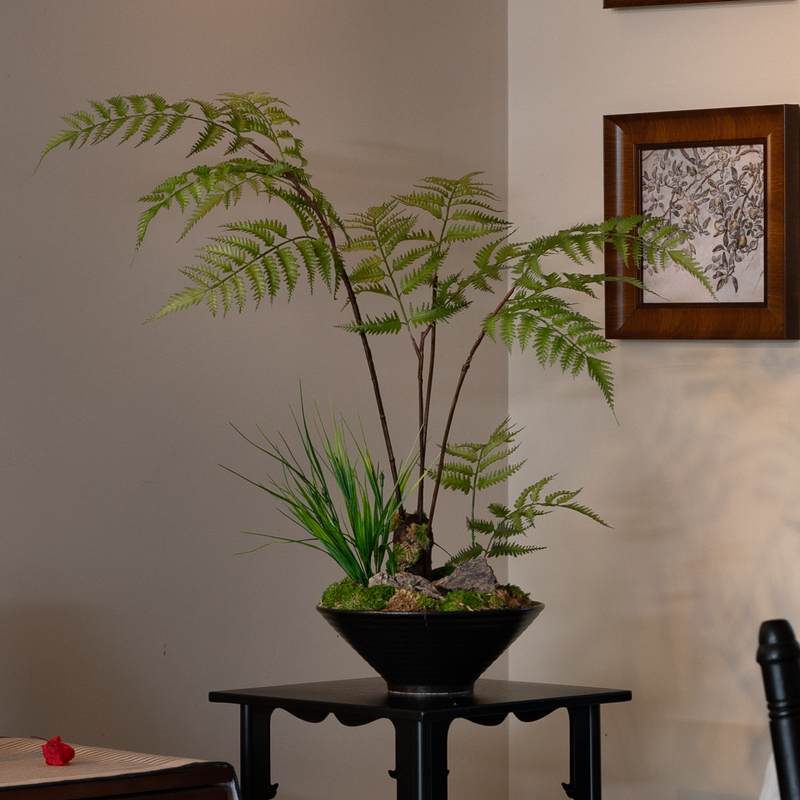 Faux Fern Potted Plant, Artificial Flowers, New Chinese-Style Tea Room Decoration, Zen-Inspired Entrance Decoration, Small Size