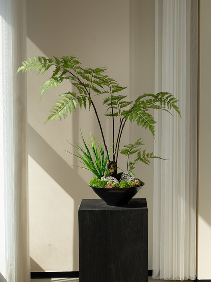Faux Fern Potted Plant, Artificial Flowers, New Chinese-Style Tea Room Decoration, Zen-Inspired Entrance Decoration, Small Size
