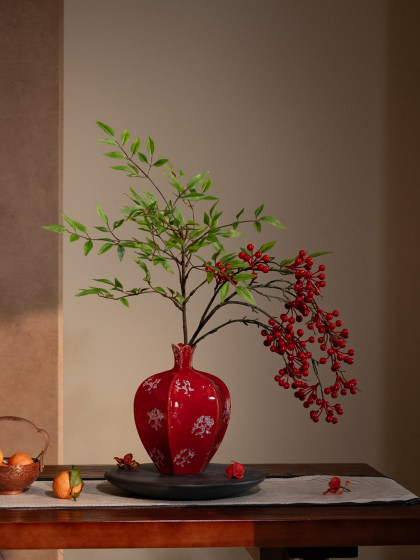 Artificial Green Plant with Fake Red Pomegranate Fruit in Ceramic Vase Decoration for Festive New Year in Living Room, Dining Room, or Entryway