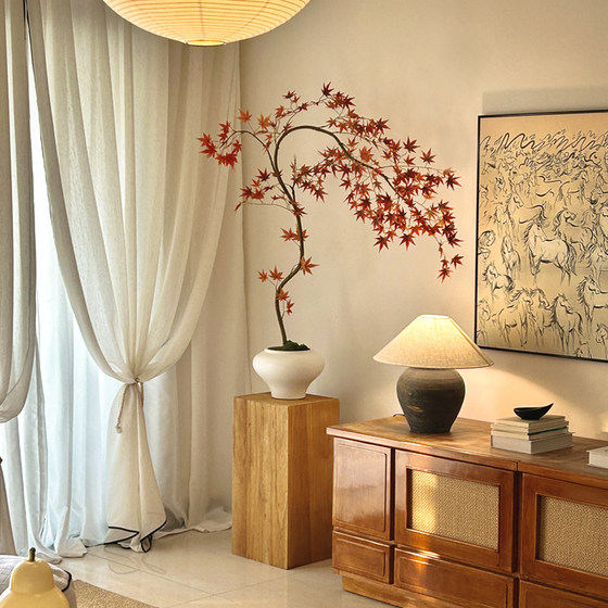 Red Flowing Water Maple Artificial Green Plant High-End Light Luxury New Chinese Style Zen Tea Room Decoration Entrance Small Fake Flower Potted Plant