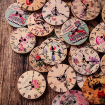 50 grain packs 25mm printed clock retro wood button children Diy hand stickup clothes big wood buttons