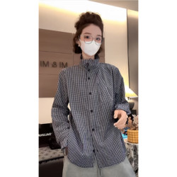 French Retro stand collar flower bud sleeve Gingham Long sleeves shirt Women's 2025 autumn Easiest for match wear chic base Tops