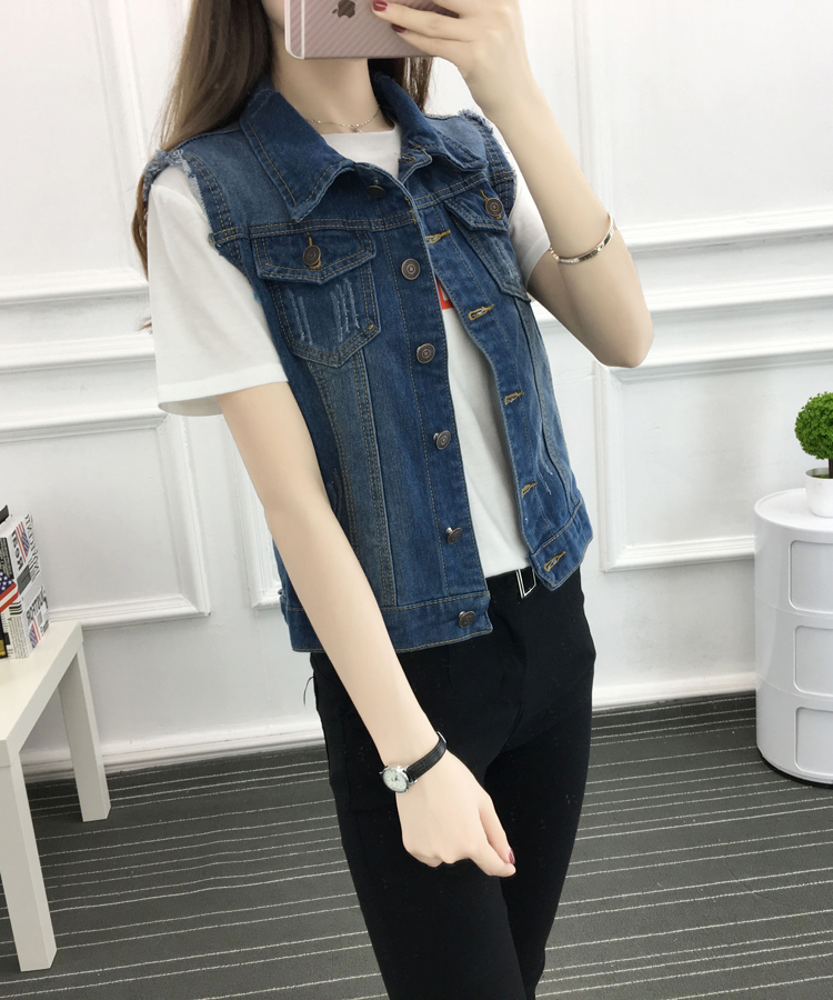 Áo khoác phân bón cộng với phụ nữ XL Mặc ngắn mặc mỏng mỏng không tay áo khoác denim áo khoác jean nữ