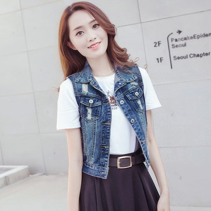 2018 mùa xuân mới ngắn denim vest của phụ nữ kích thước lớn lỗ thời trang hoang dã mỏng giảm béo vest áo khoác vest nữ hàn quốc