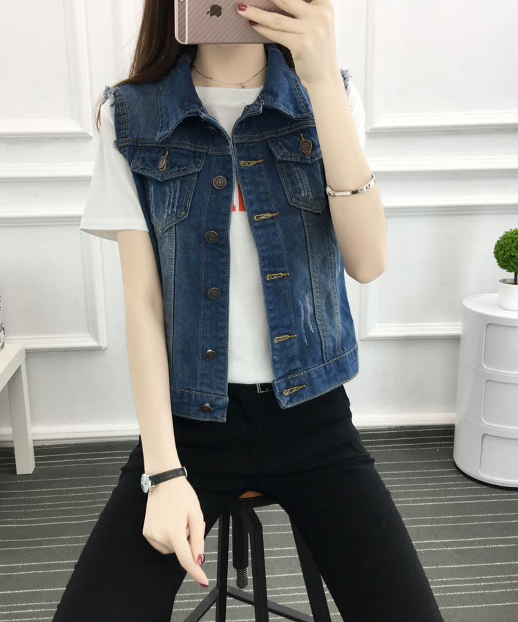 Áo khoác phân bón cộng với phụ nữ XL Mặc ngắn mặc mỏng mỏng không tay áo khoác denim áo khoác jean nữ