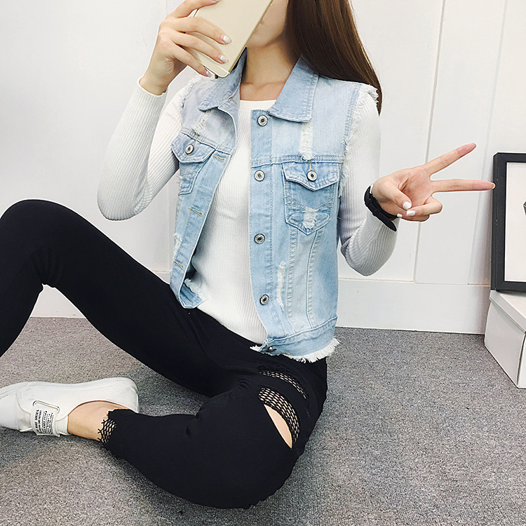 Mùa xuân và mùa thu 2018 mới của phụ nữ Hàn Quốc phần ngắn Slim sanding denim size vest lớn áo sơ mi đen nữ