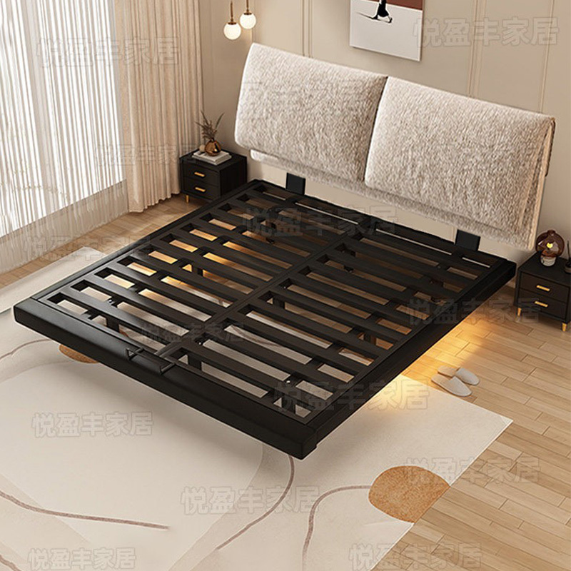 Wrought Iron Bed, Double Bed, Simple Bedroom for Small Apartments, Chenille Upholstered Metal Slatted Frame, Adjustable Height Floating Bed Frame Wrought Iron Bed, Double Bed, Simple Bedroom for Small Apartments, Chenille Upholstered Metal Slatted Frame, Adjustable Height Floating Bed Frame