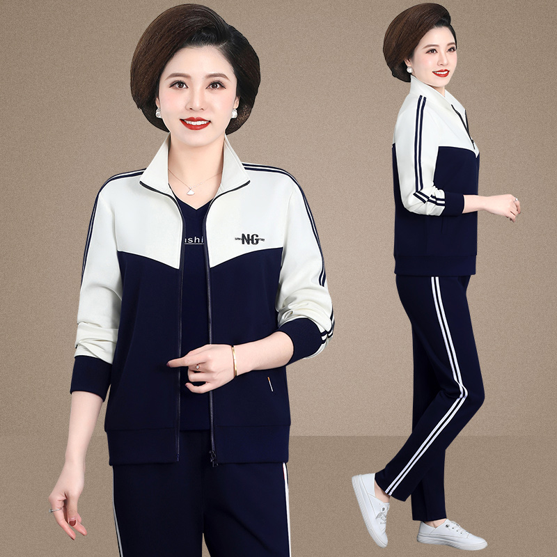 Spring Autumn Money Middle Aged Sports Casual Wear Suit Big Size Yard Pure Cotton Three Chouses Fashion Parquet Moms Running Women's Clothes