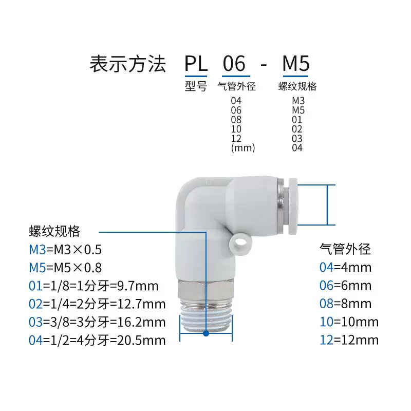 đầu nối nhanh ống hơi Đầu nối góc phải khí quản khuỷu tay bằng khí nén màu trắng PL6-01/8-02/4-M5/10-03/12-04 đầu chia khí nén đầu nối khí nén smc