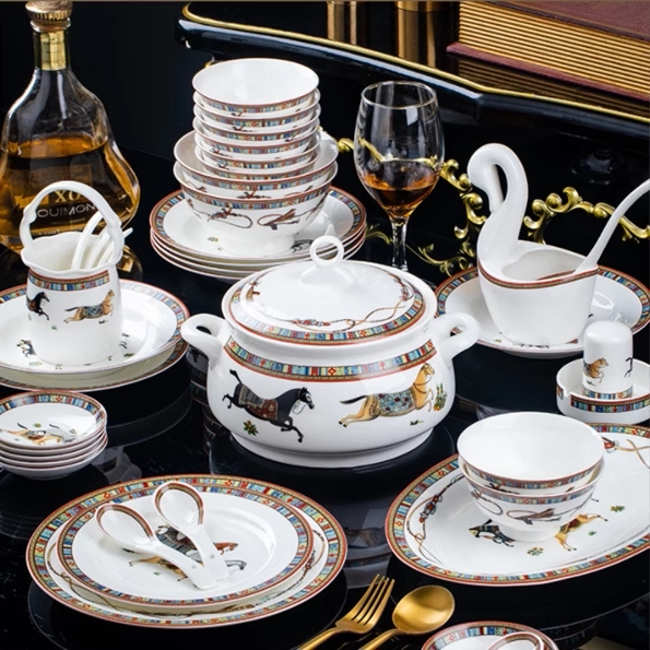 Hermès Bowl and Plate Set, High-End Jingdezhen Light Luxury Bone China Tableware Set, Housewarming Ceramic Bowl and Plate Combination